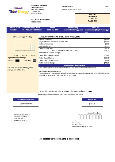USA Think Energy business utility bill template in Word and PDF formats